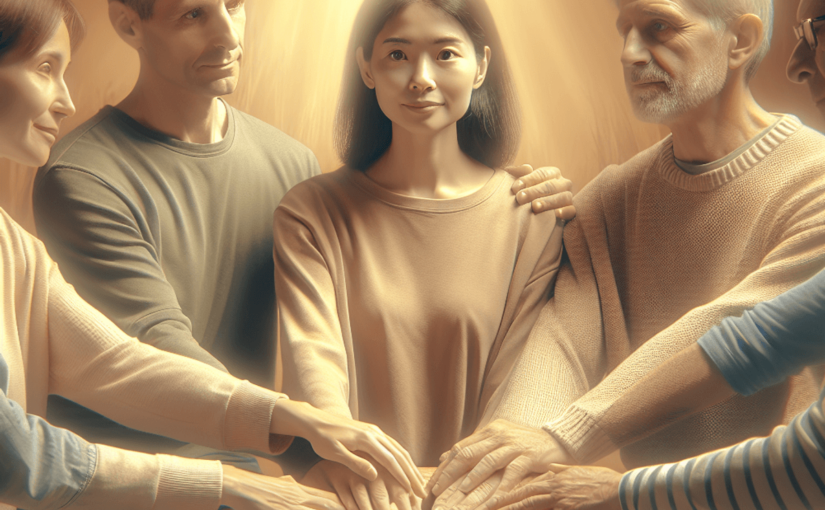 A diverse group of individuals stands in a warm, inviting space, displaying empathetic expressions and open body language. A Caucasian woman and an Asian man are at the forefront, attentively listening to one another, embodying support and understanding. The background features soft lighting and cozy furnishings, creating a comforting atmosphere that symbolizes unity and emotional well-being in overcoming trauma.